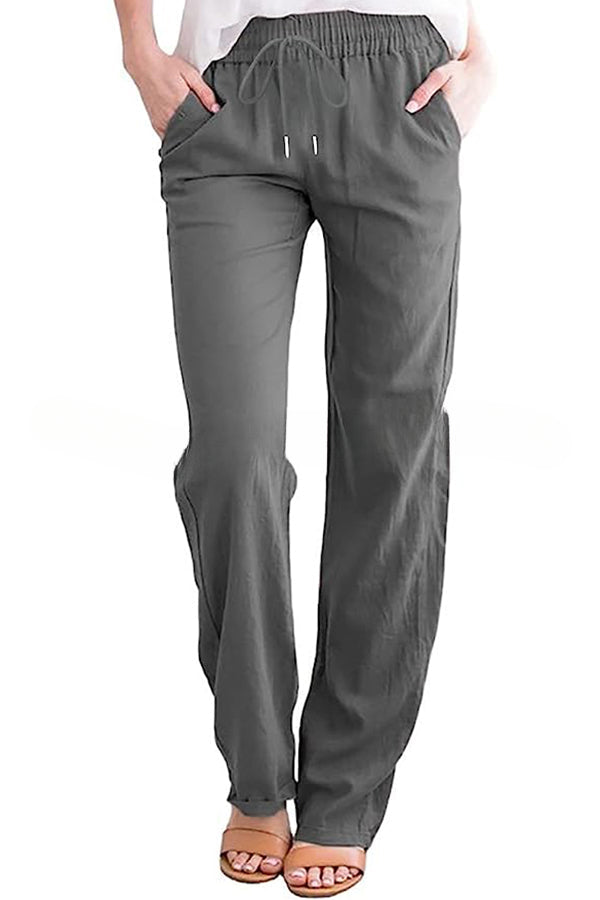 Soft Breathable Solid Color Drawstring Elastic Waist Long Straight Pants
