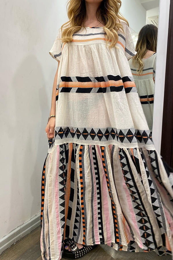 Vacation Feeling Linen Blend Ethnic Style Printed Loose Maxi Dress