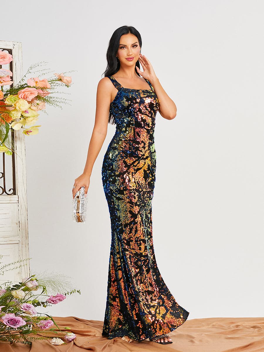 Sleeveless Sequin High Slit Black Prom Dress RJ10199
