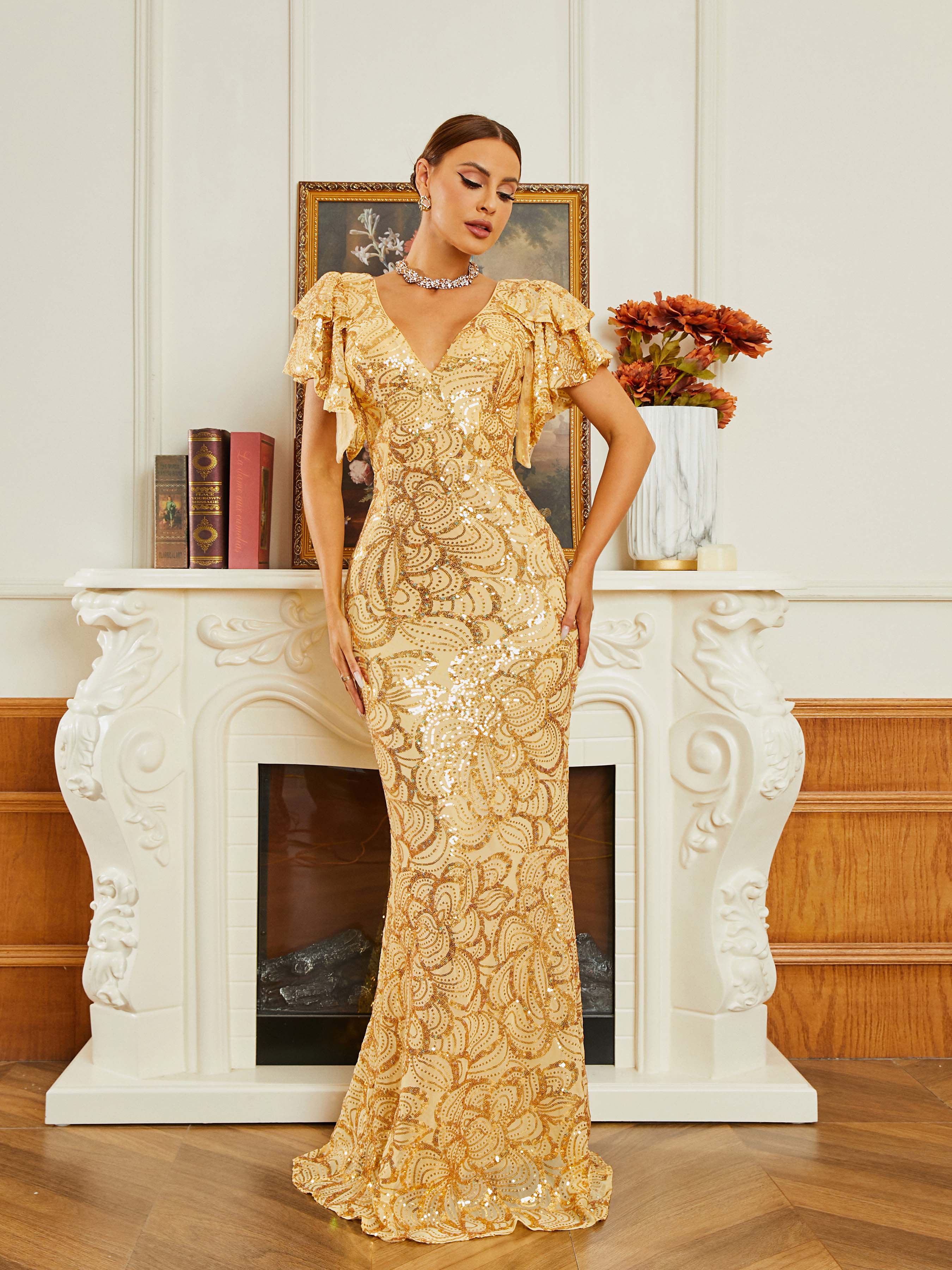 V-Neck Backless Mermaid Ruffle Short Sleeve Evening Dress RH30654