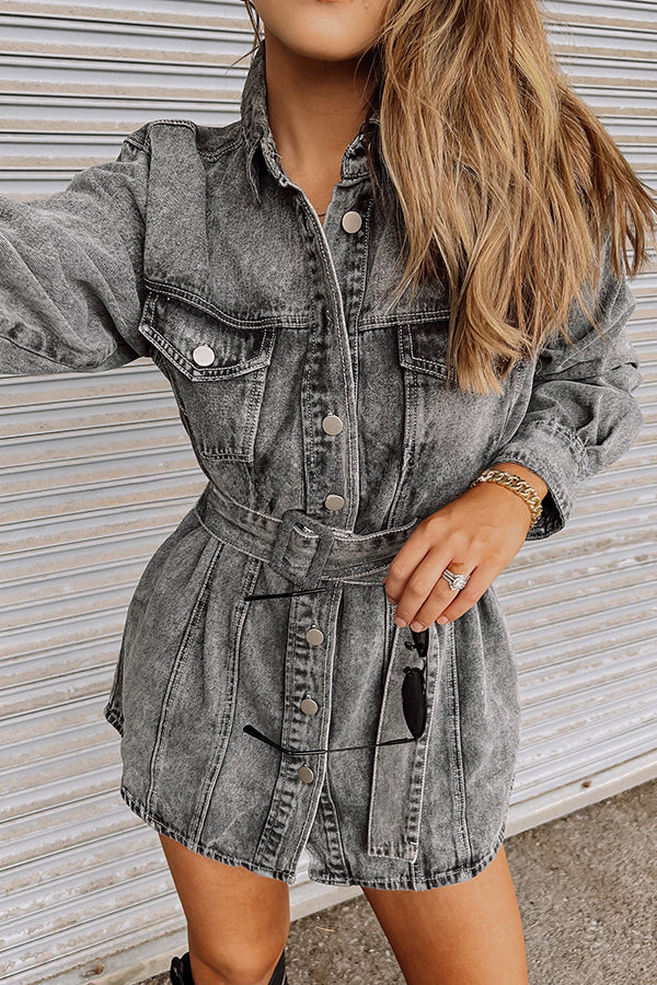 Vintage Belted Single Breasted Pocket Denim Mini Dress