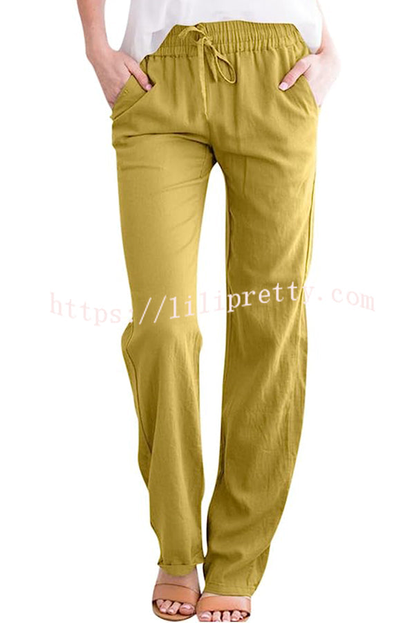 Soft Breathable Solid Color Drawstring Elastic Waist Long Straight Pants