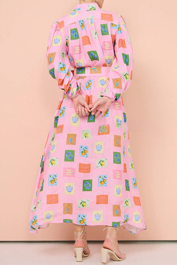 Vacation Essential Emblem Print Balloon Sleeve Belted Shirt Maxi Dress