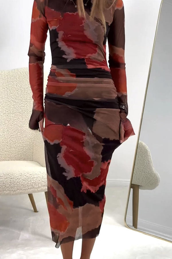 The Budapest Mesh Splash Ink Tie Dye Print Ruched Midi Dress