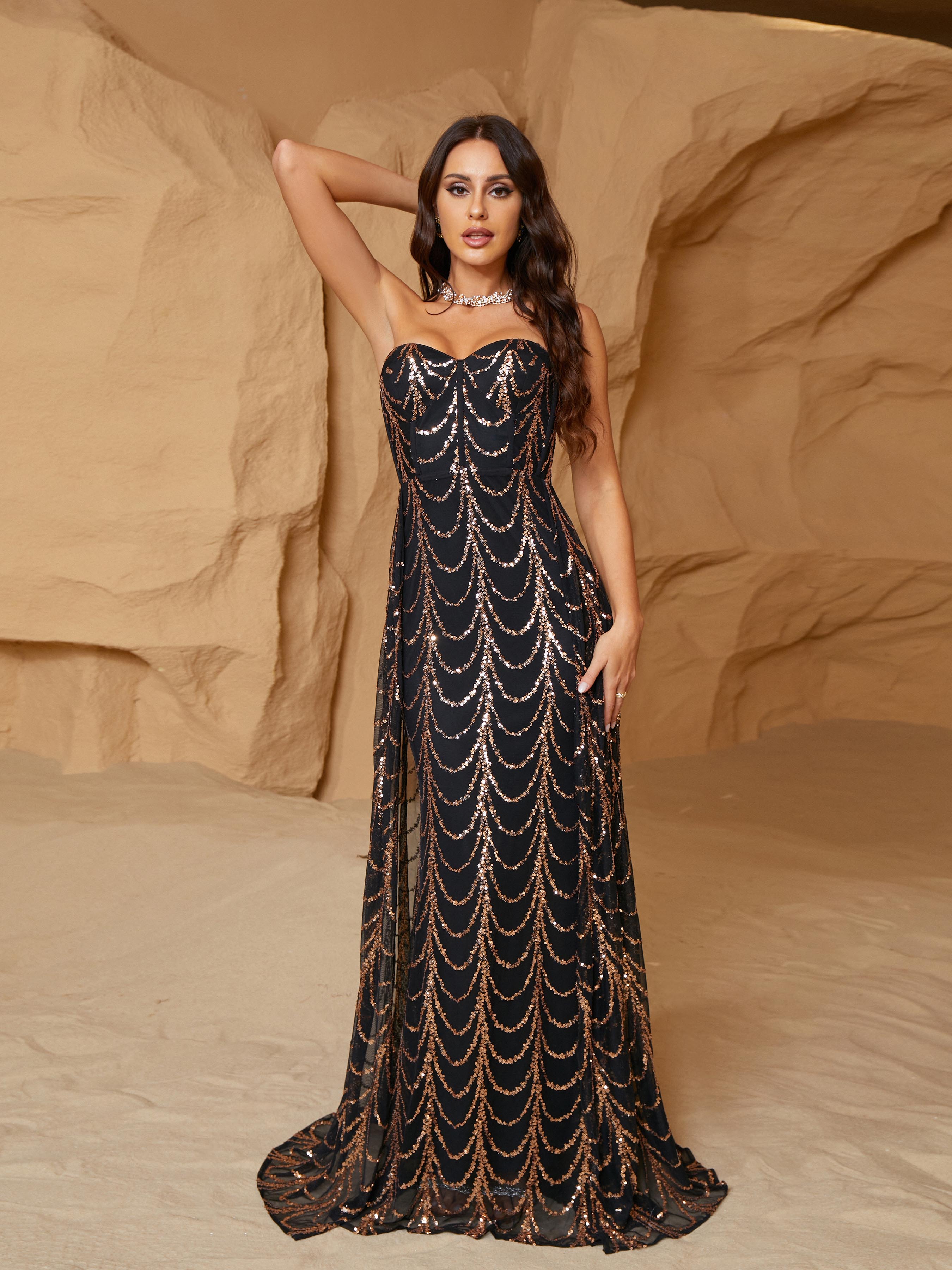Sexy Strapless Draped Sequin Black Evening Dress RM21223