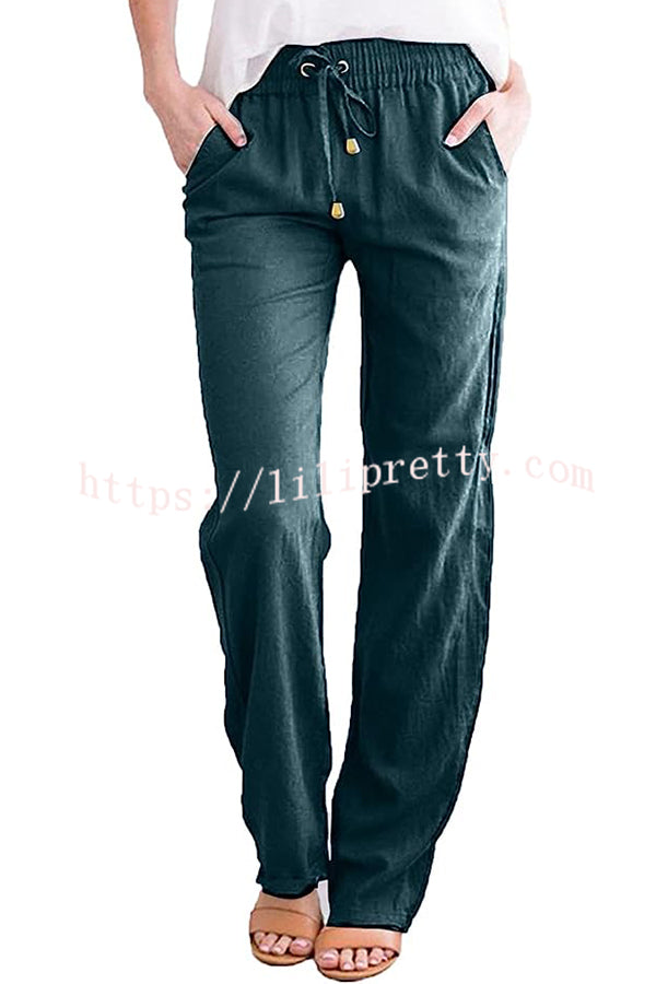Soft Breathable Solid Color Drawstring Elastic Waist Long Straight Pants