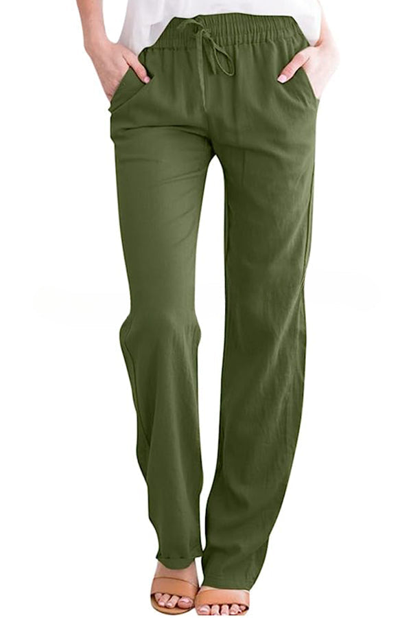 Soft Breathable Solid Color Drawstring Elastic Waist Long Straight Pants