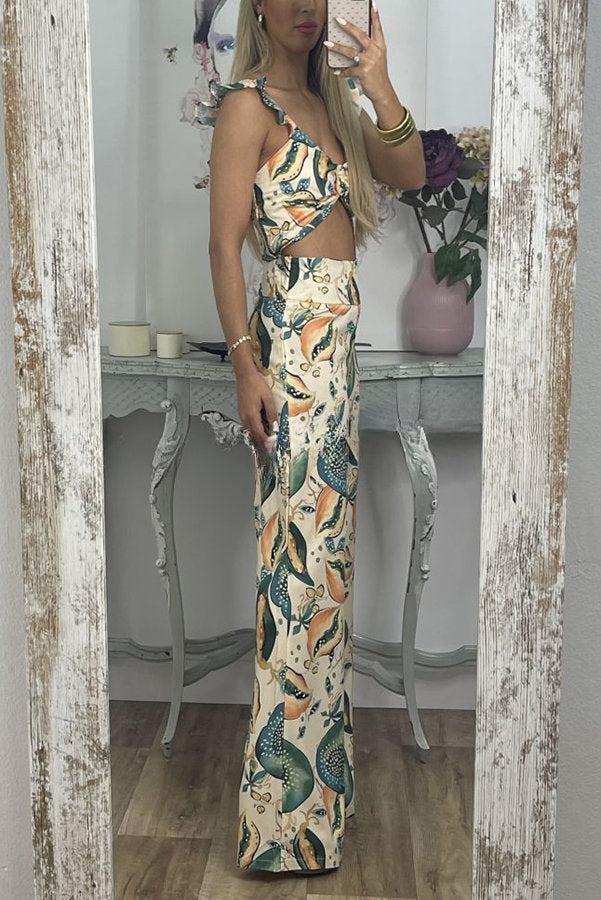 Vickee Tropical Fruit Print Back Smocked Ruffle Tank and High Rise Flare Pants Set