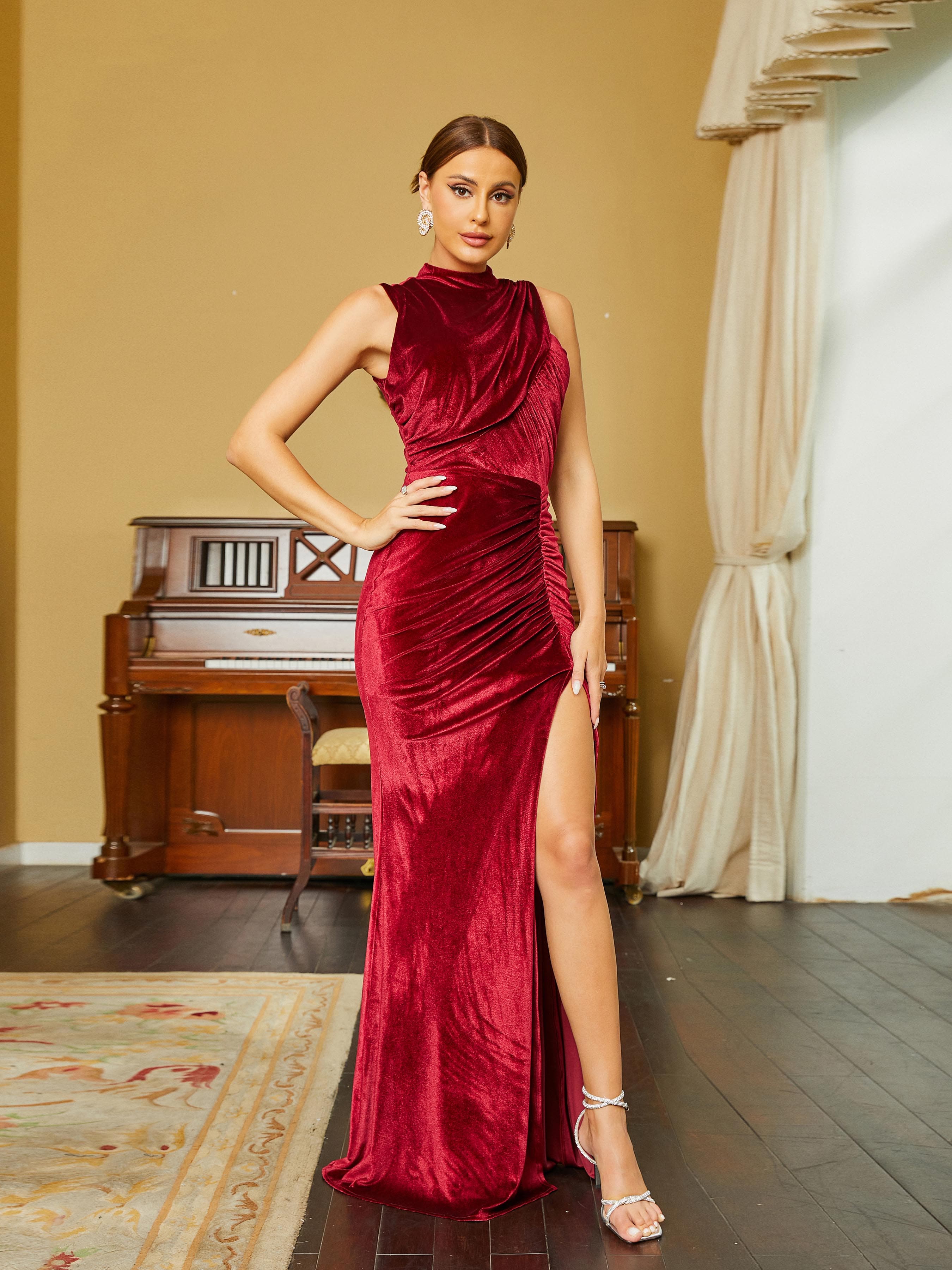 Sleeveless Stand Collar Ruched Velvet Wine Prom Dress RH30617