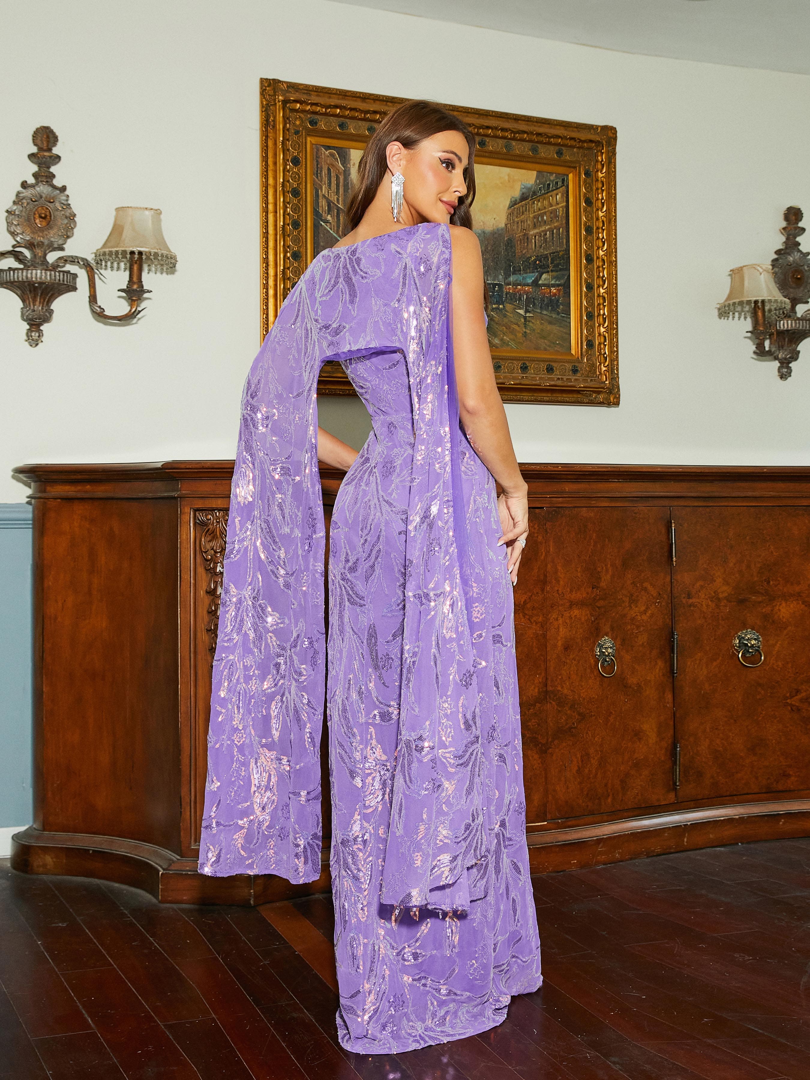 V Neck Cape Floral Sequin Mermaid Evening Dress RM20352
