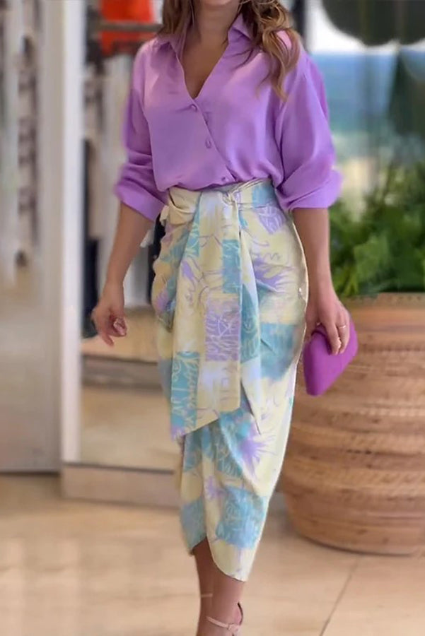 Solid Button Down Shirt and Floral Print Ruched Midi Skirt Two Piece Set