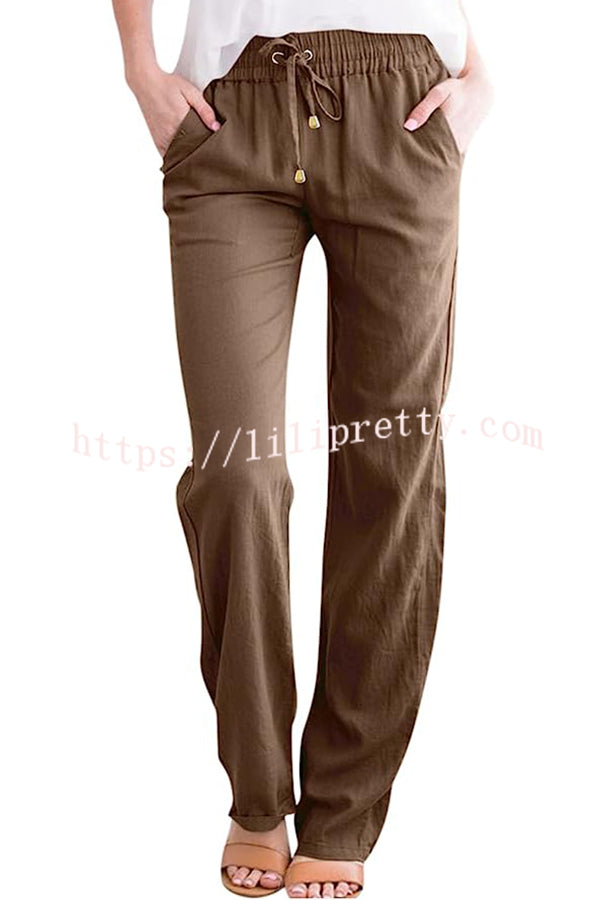 Soft Breathable Solid Color Drawstring Elastic Waist Long Straight Pants