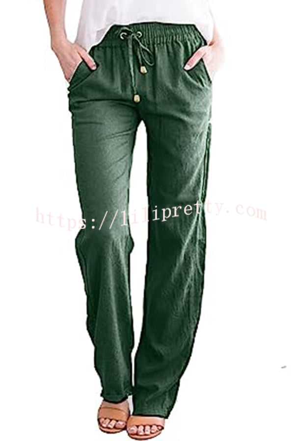 Soft Breathable Solid Color Drawstring Elastic Waist Long Straight Pants