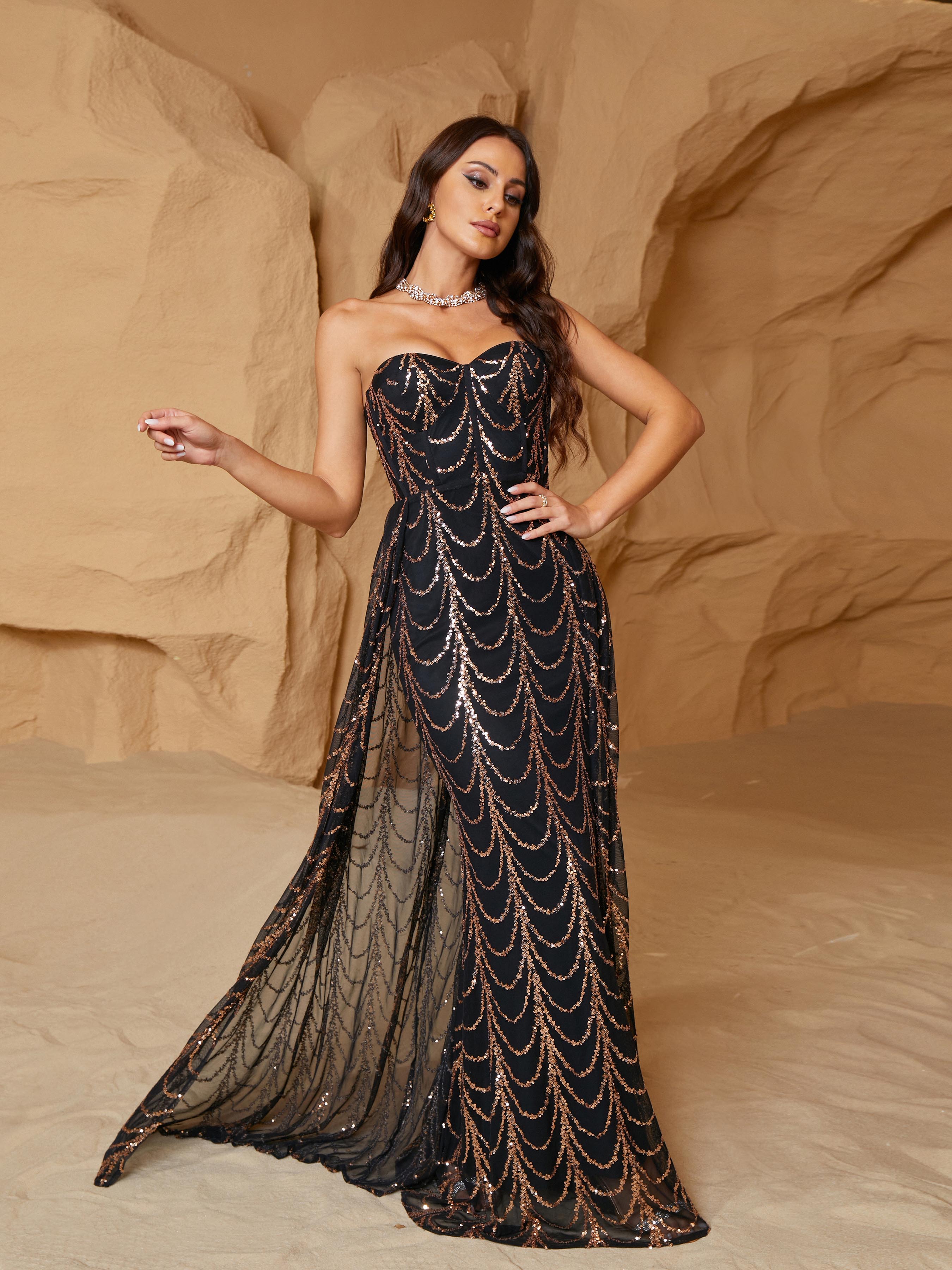 Sexy Strapless Draped Sequin Black Evening Dress RM21223