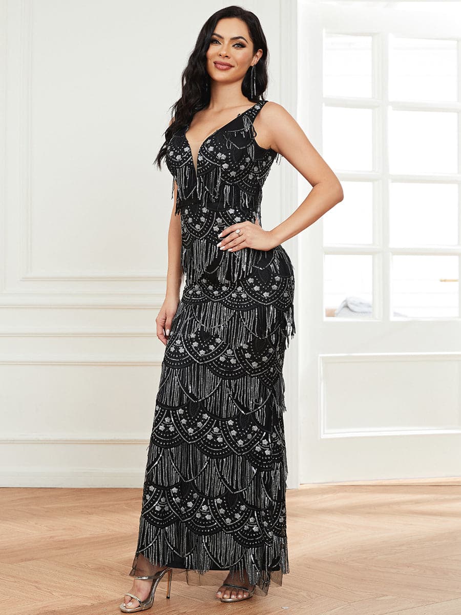 Sleeveless Deep V-Neck Open Back Fringe Sequin Dress XJ2082