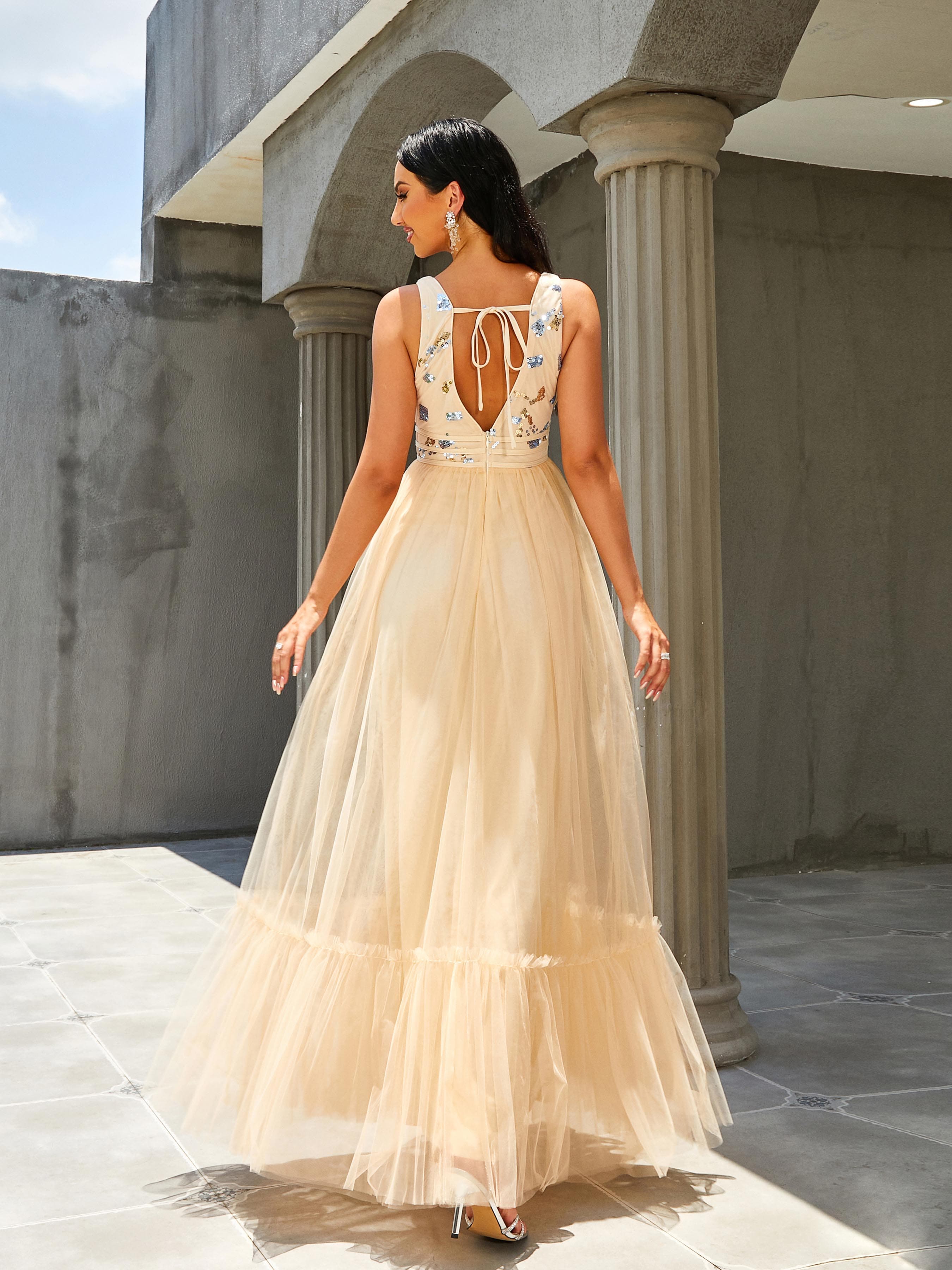 V-Neck A-Line Backless Panel Evening Dress RM20404