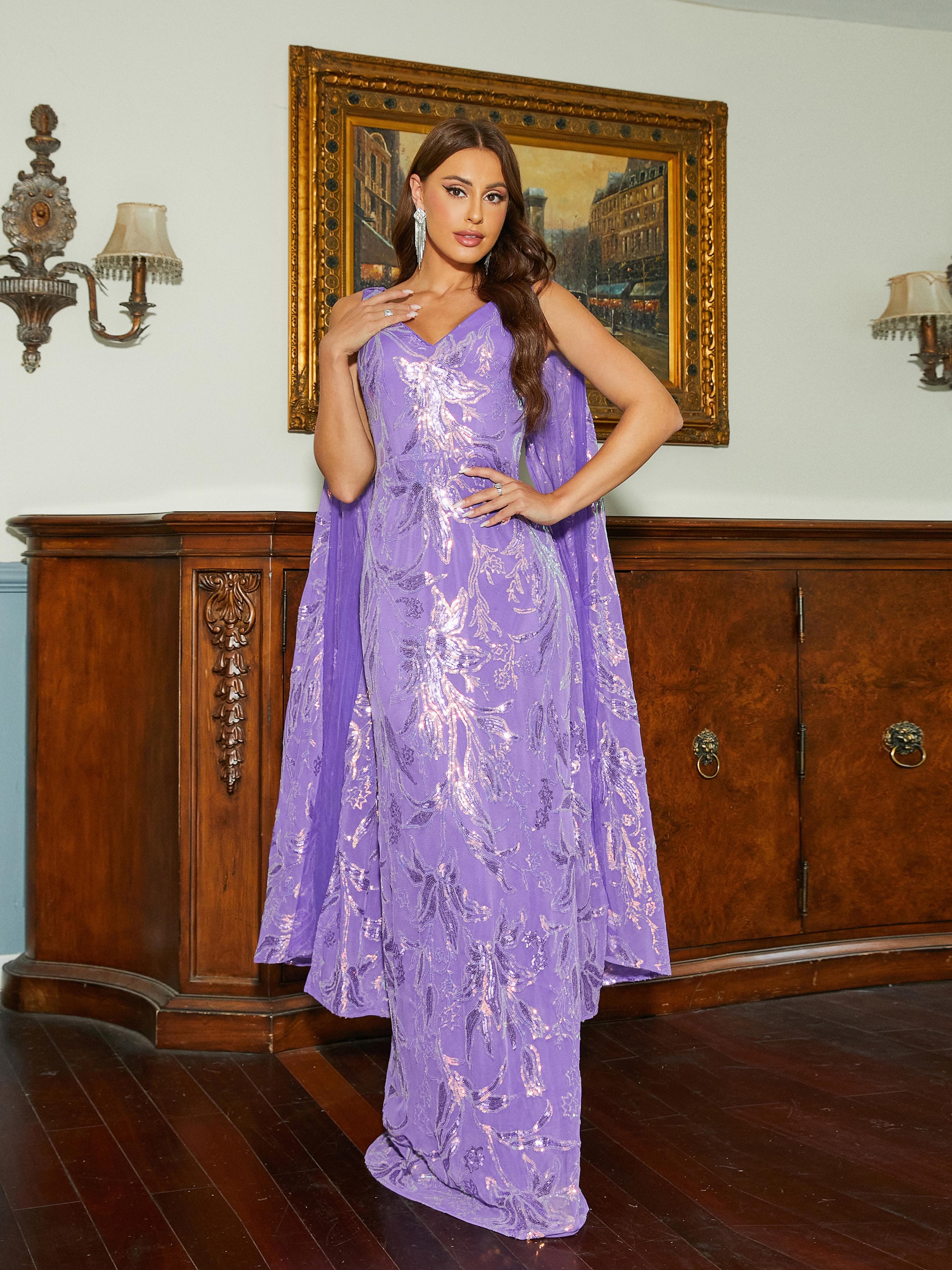 V Neck Cape Floral Sequin Mermaid Evening Dress RM20352