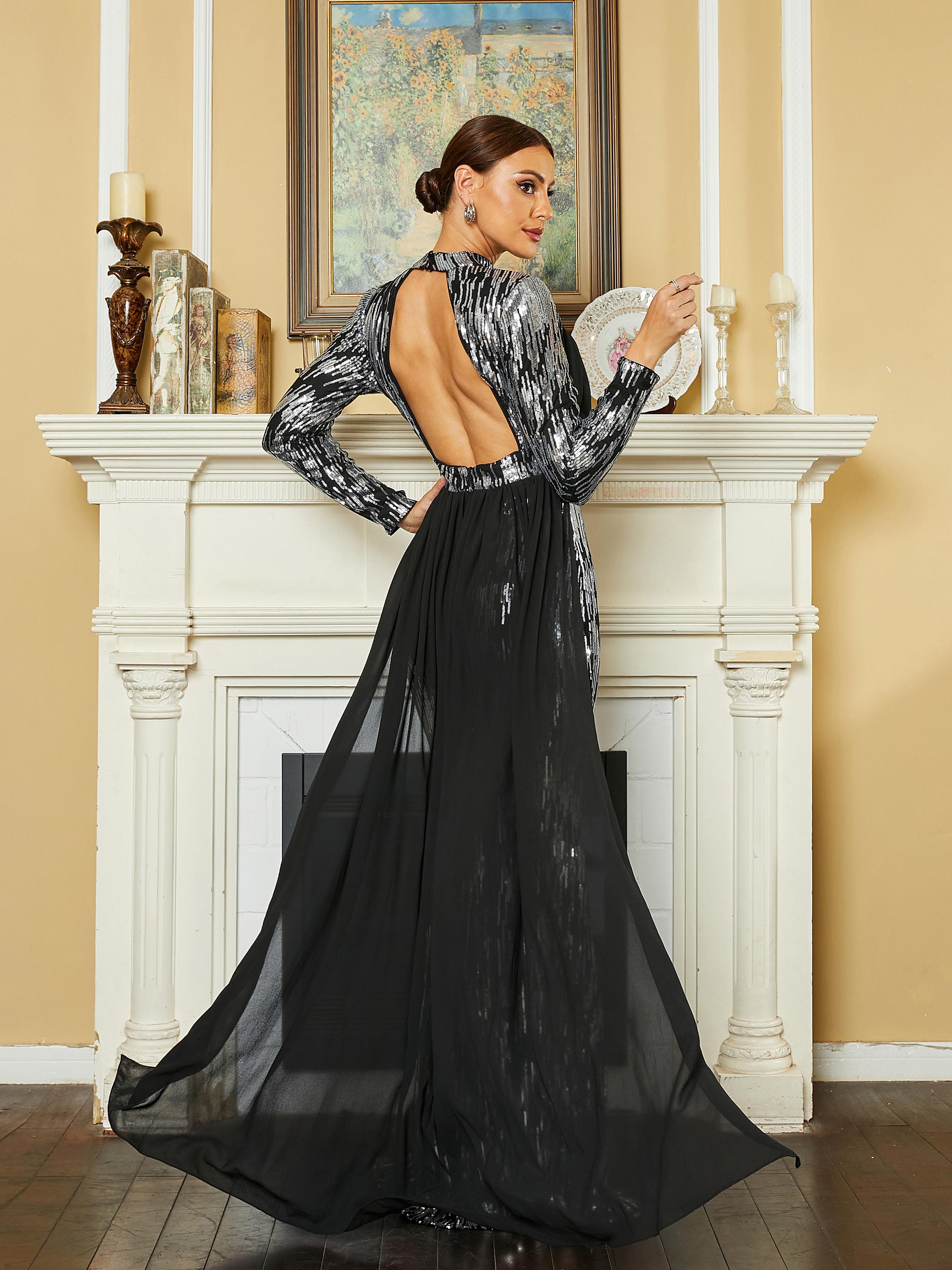 Stand Collar Panel Cutout Sequin Black Prom Dress RH30630