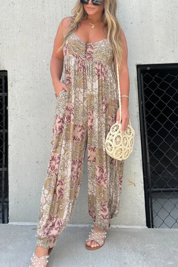 Wiles Patchwork Print Pocketed Back Smocked Loose Jumpsuit