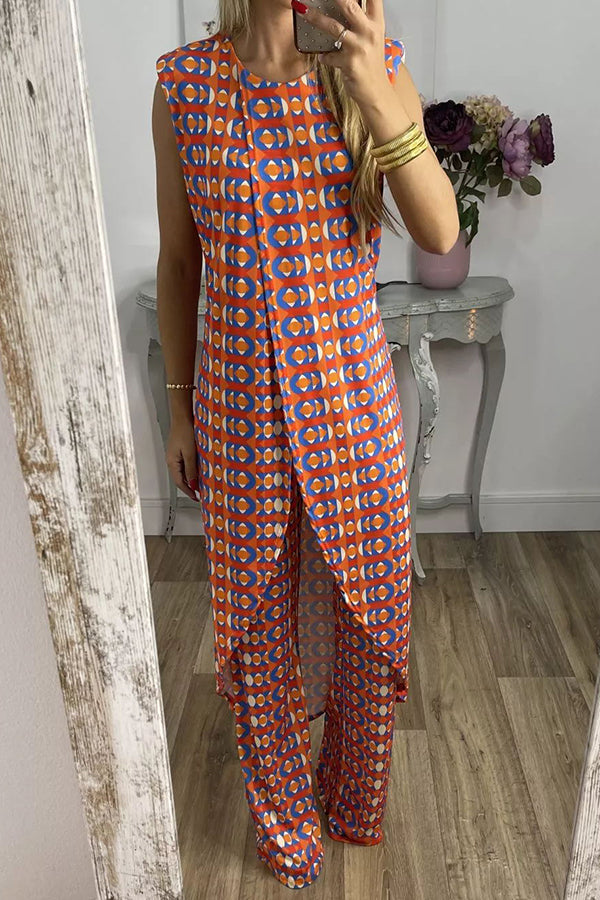 Talk about Charm Printed Front Split Midi Top and Stretch High Waist Flare Pants Set