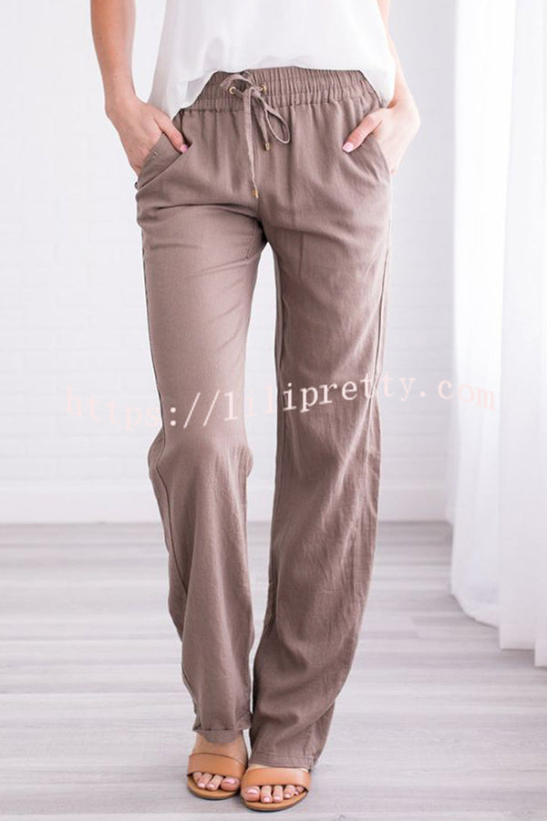 Soft Breathable Solid Color Drawstring Elastic Waist Long Straight Pants