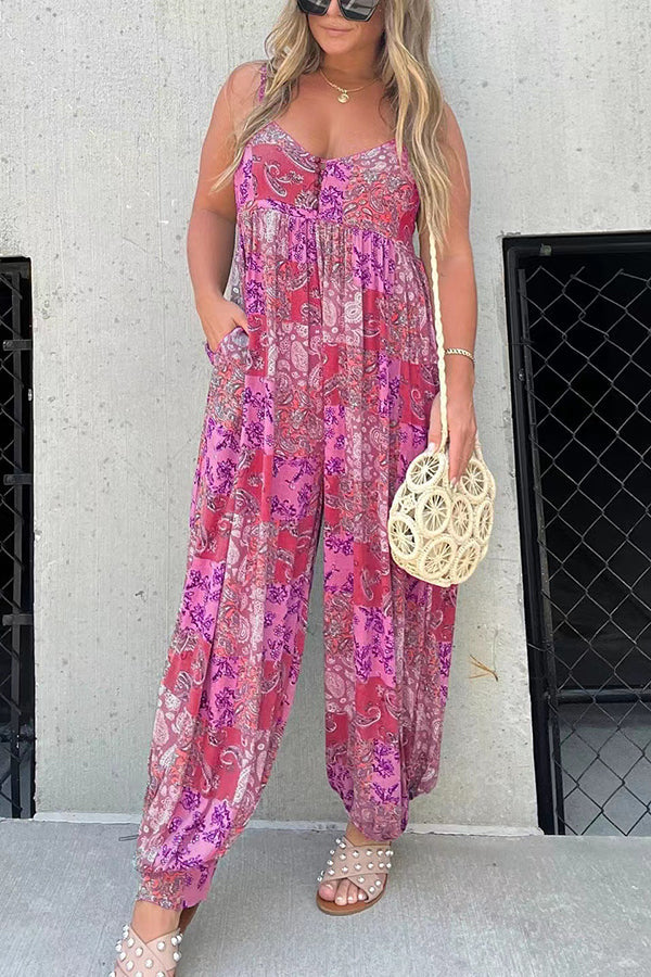 Wiles Patchwork Print Pocketed Back Smocked Loose Jumpsuit