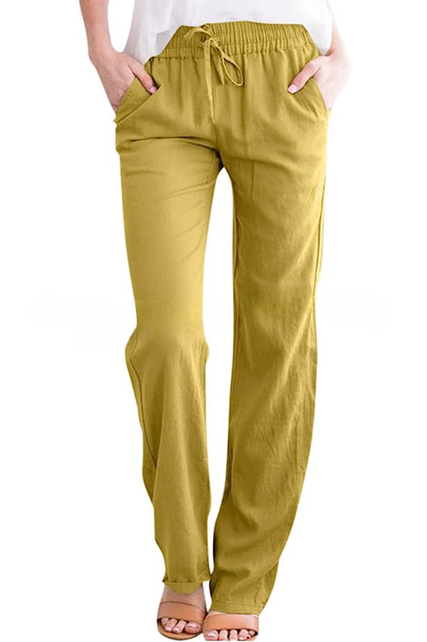 Soft Breathable Solid Color Drawstring Elastic Waist Long Straight Pants