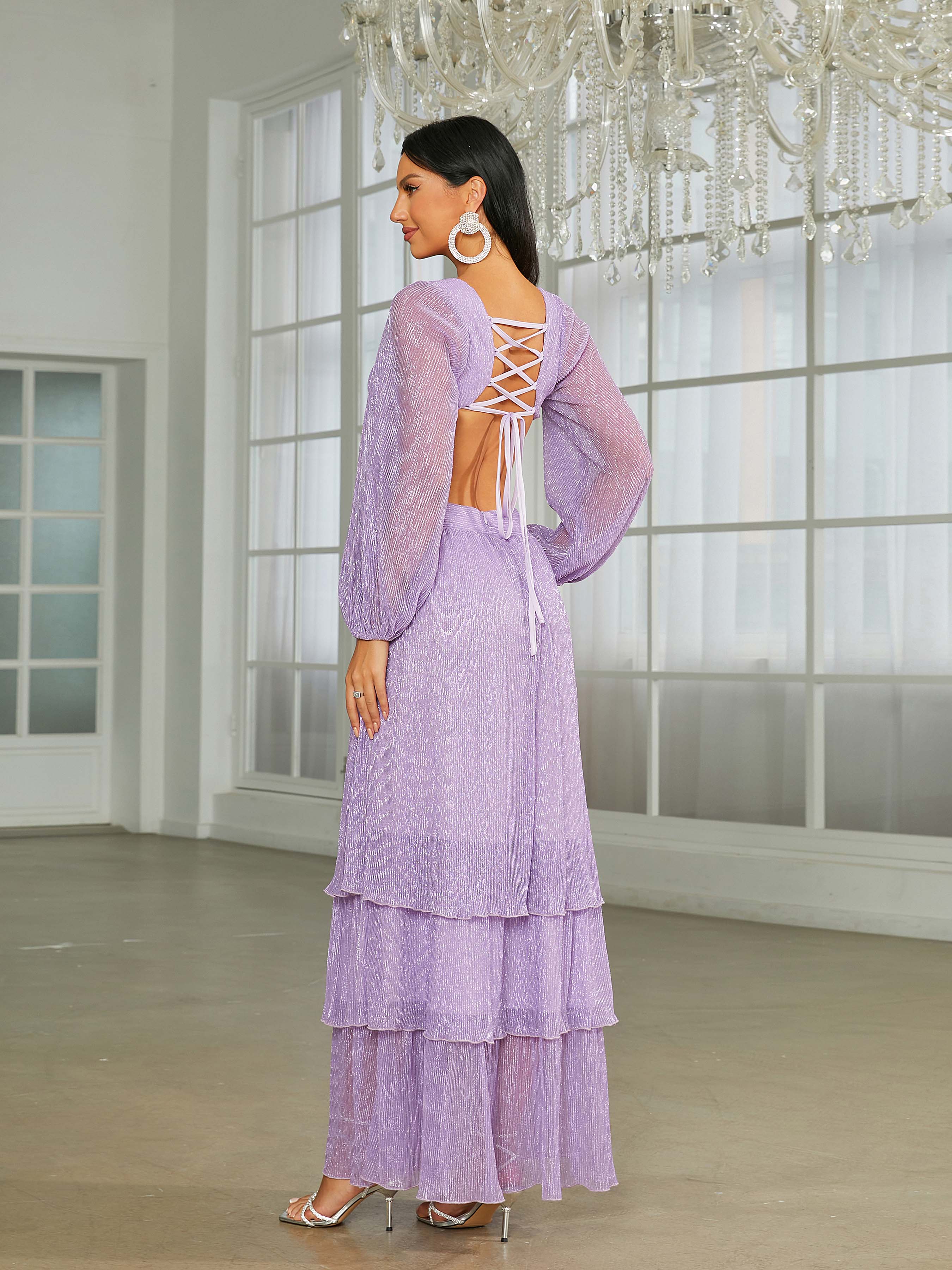 V-neck Lantern Sleeve Backless Purple Prom Dress RH30555