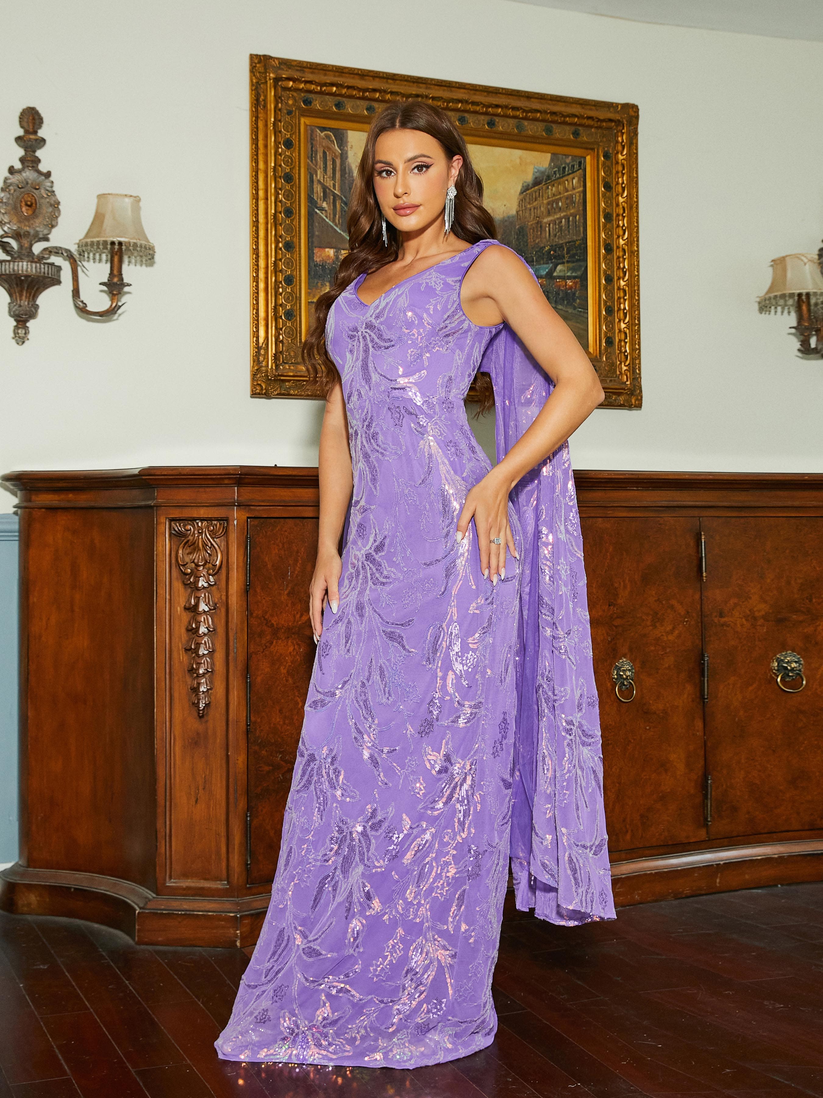 V Neck Cape Floral Sequin Mermaid Evening Dress RM20352