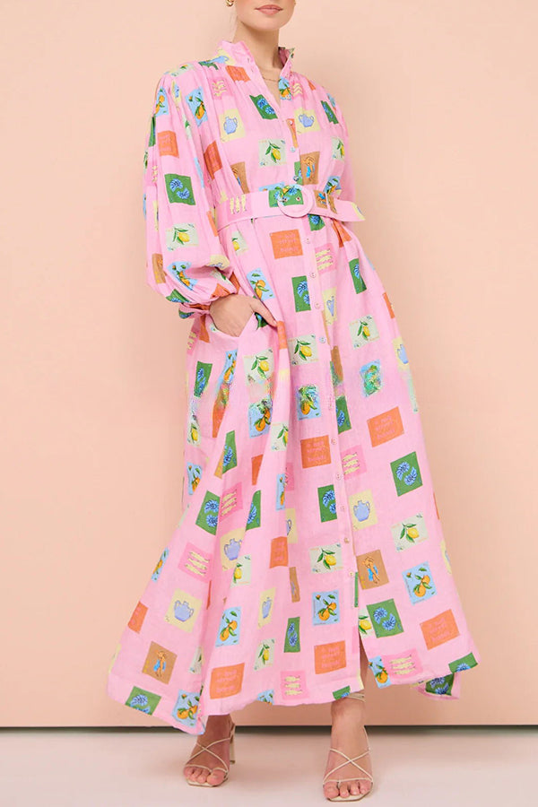 Vacation Essential Emblem Print Balloon Sleeve Belted Shirt Maxi Dress