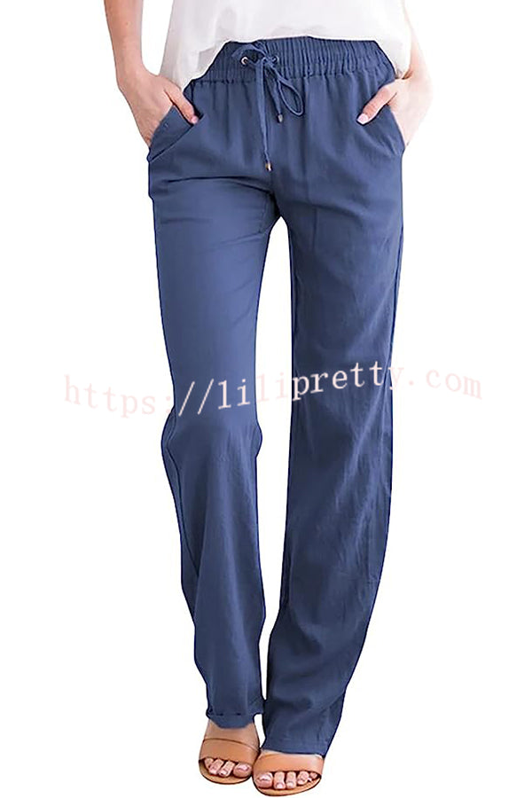 Soft Breathable Solid Color Drawstring Elastic Waist Long Straight Pants
