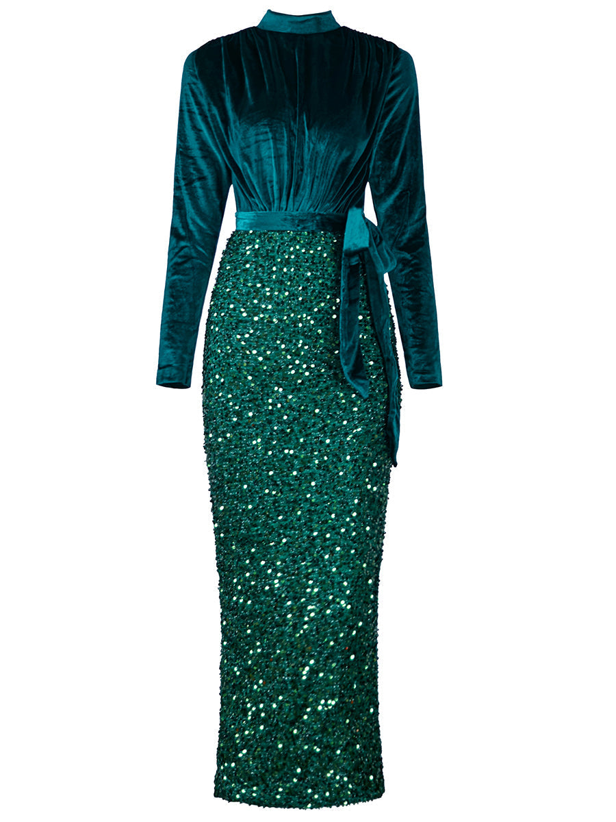 Velvet Long Sleeve Sequin Bodycon Green Prom Dress XJ2218
