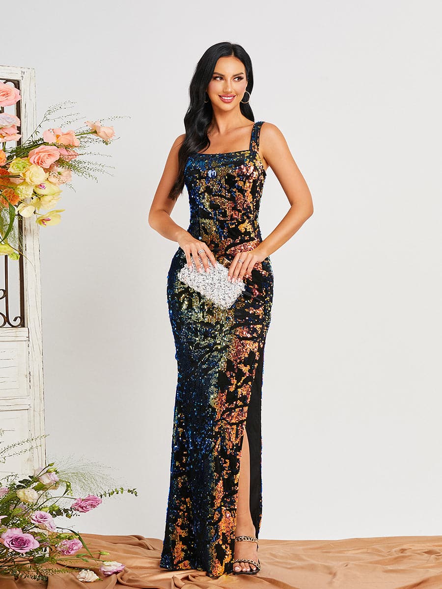Sleeveless Sequin High Slit Black Prom Dress RJ10199