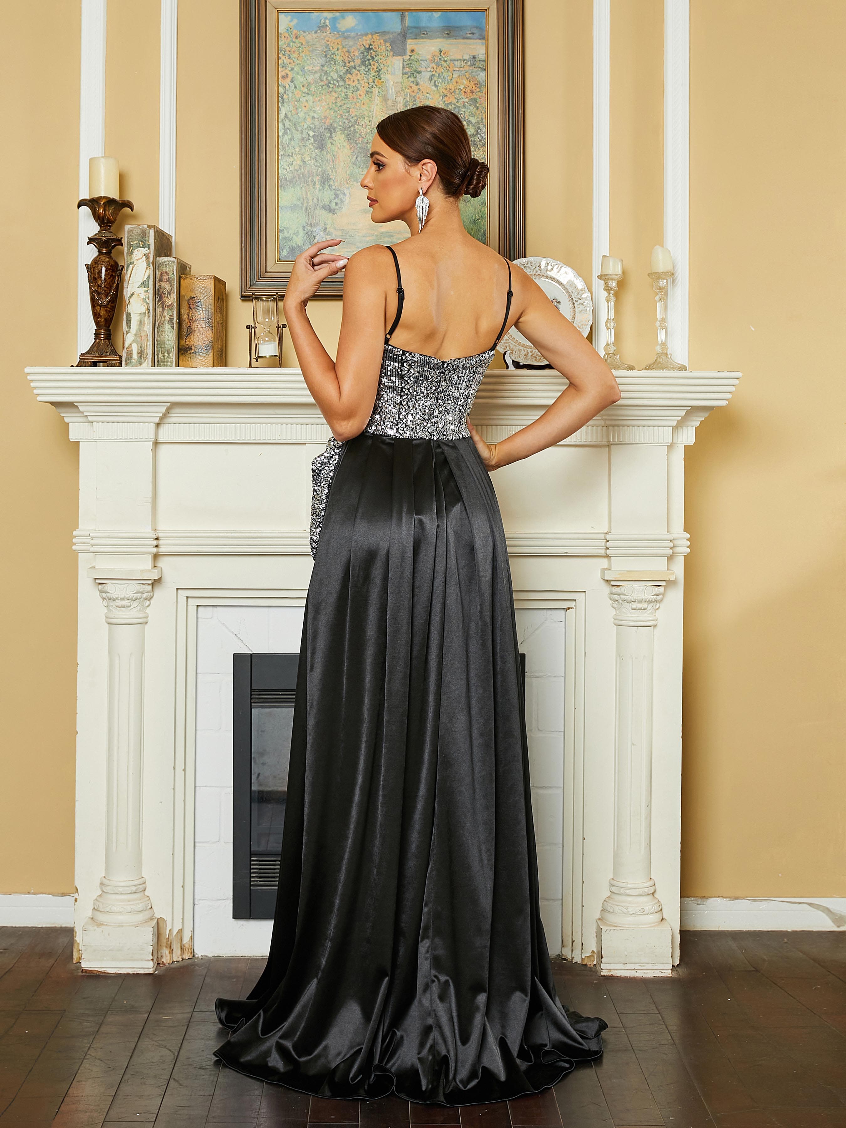 Spaghetti Strap Panel Sequin Satin Black Prom Dress RM20569