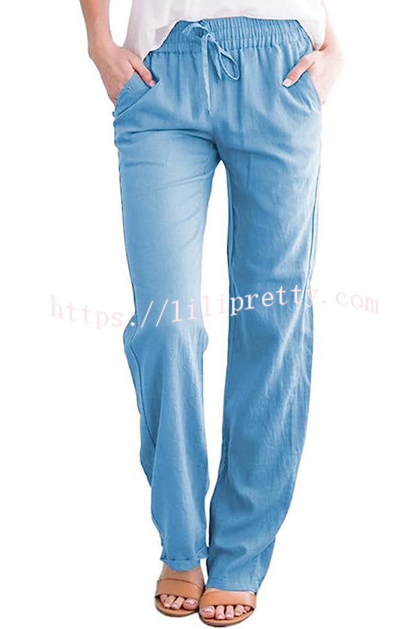 Soft Breathable Solid Color Drawstring Elastic Waist Long Straight Pants