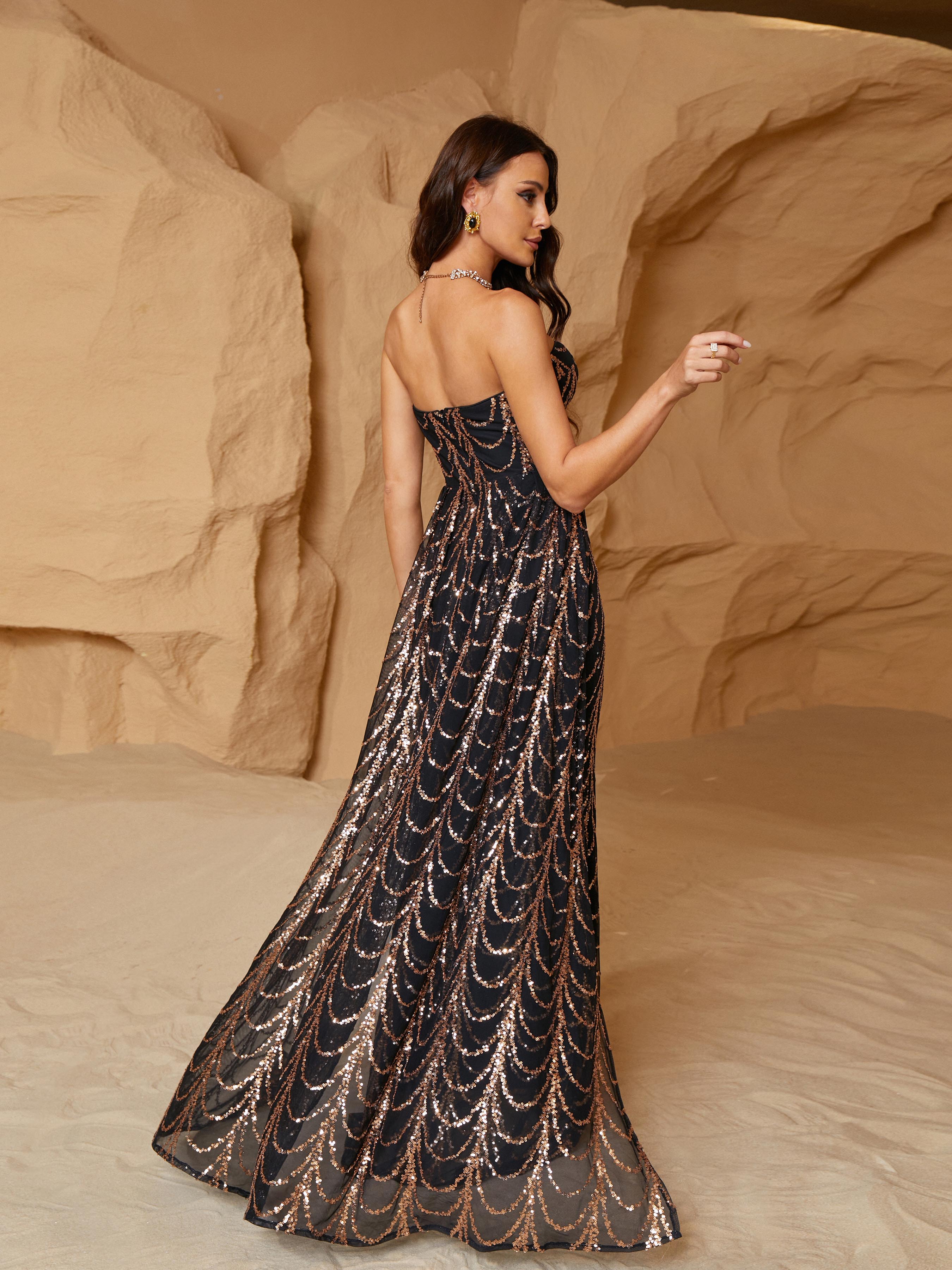 Sexy Strapless Draped Sequin Black Evening Dress RM21223