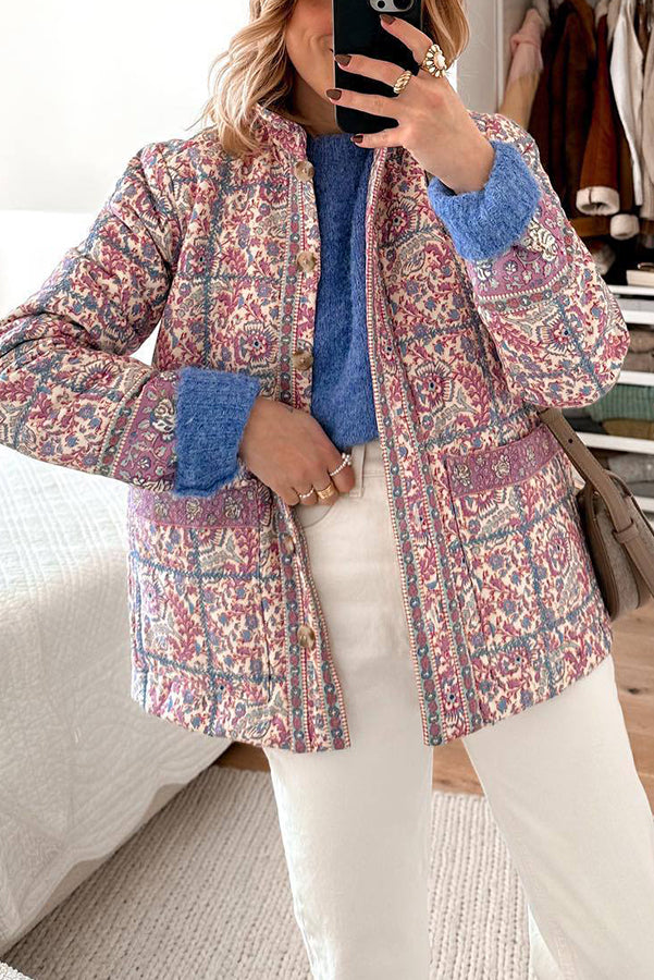 Vintage Paisley Flower Print Button Pocketed Quilted Lightweight Cotton Jacket