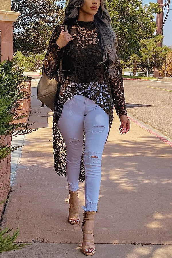 White Crochet Lace Cutout Long Sleeve Top