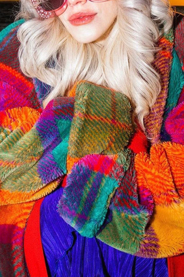 Show Stopping Plush Lined Lapel Color Blocked Long Sleeved Coat