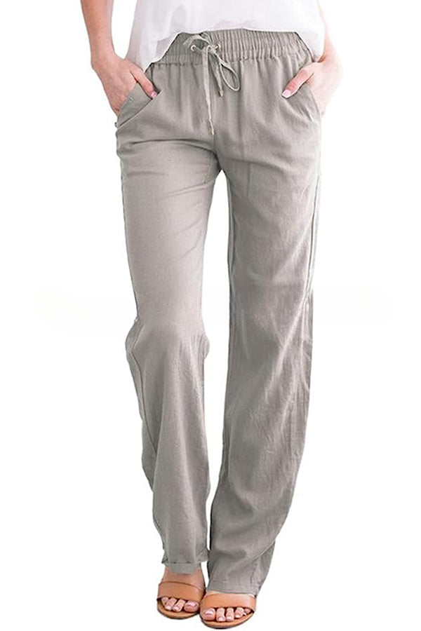 Soft Breathable Solid Color Drawstring Elastic Waist Long Straight Pants