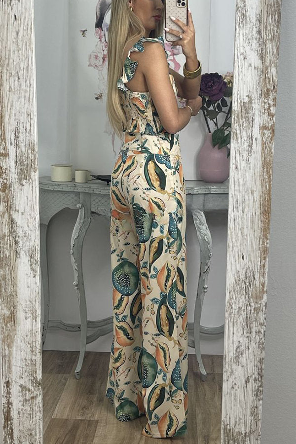 Vickee Tropical Fruit Print Back Smocked Ruffle Tank and High Rise Flare Pants Set