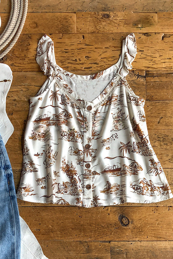 V Neck Button Down Animal Print Tank Top