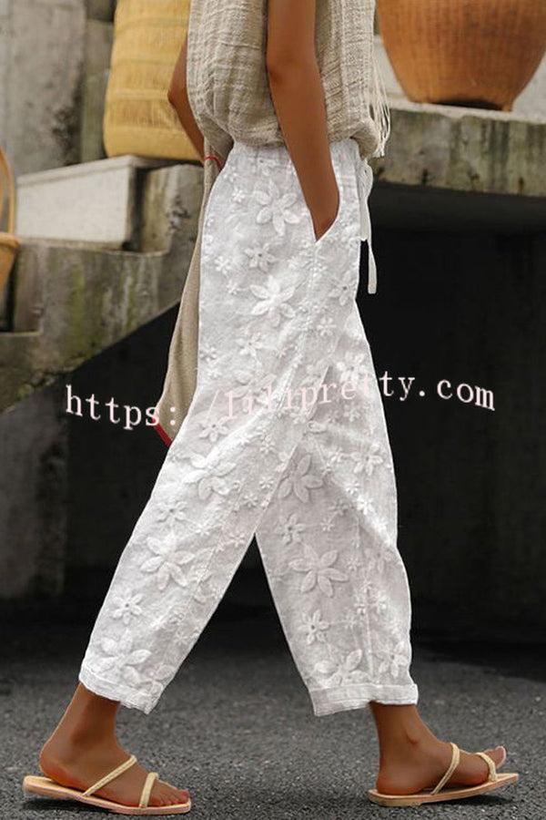 Wishing for It Cotton Linen Patchwork Flower Elastic Waist Pocketed Pants