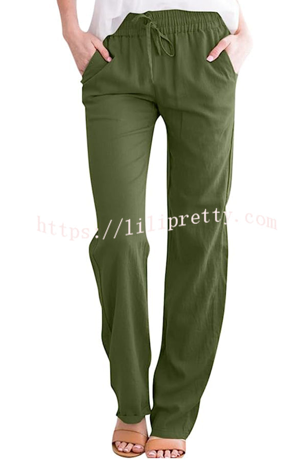 Soft Breathable Solid Color Drawstring Elastic Waist Long Straight Pants