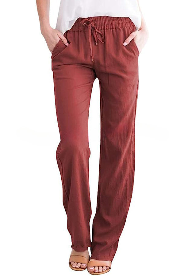 Soft Breathable Solid Color Drawstring Elastic Waist Long Straight Pants