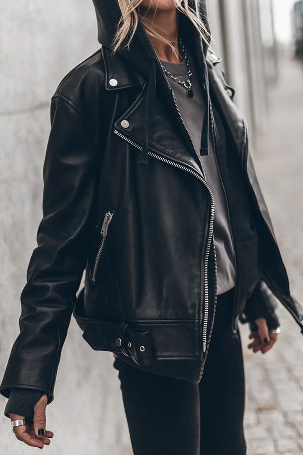 Rebellious Look Biker Style Faux Leather Metal Hardware Zip Pockets Relaxed Jacket