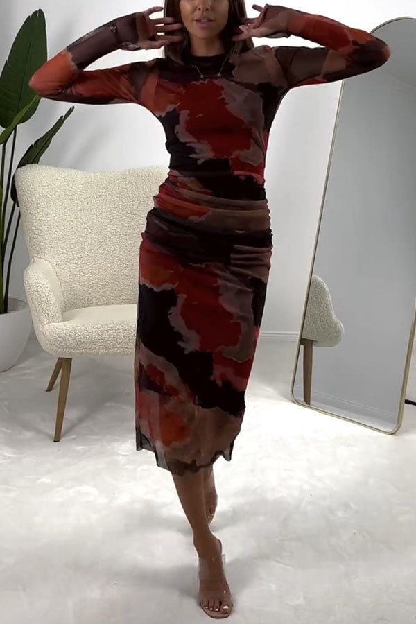 The Budapest Mesh Splash Ink Tie Dye Print Ruched Midi Dress