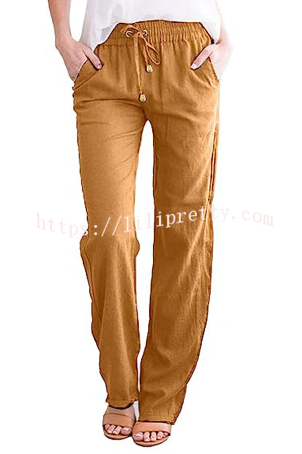 Soft Breathable Solid Color Drawstring Elastic Waist Long Straight Pants