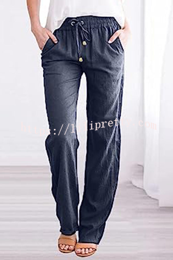 Soft Breathable Solid Color Drawstring Elastic Waist Long Straight Pants