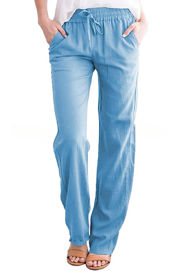 Soft Breathable Solid Color Drawstring Elastic Waist Long Straight Pants